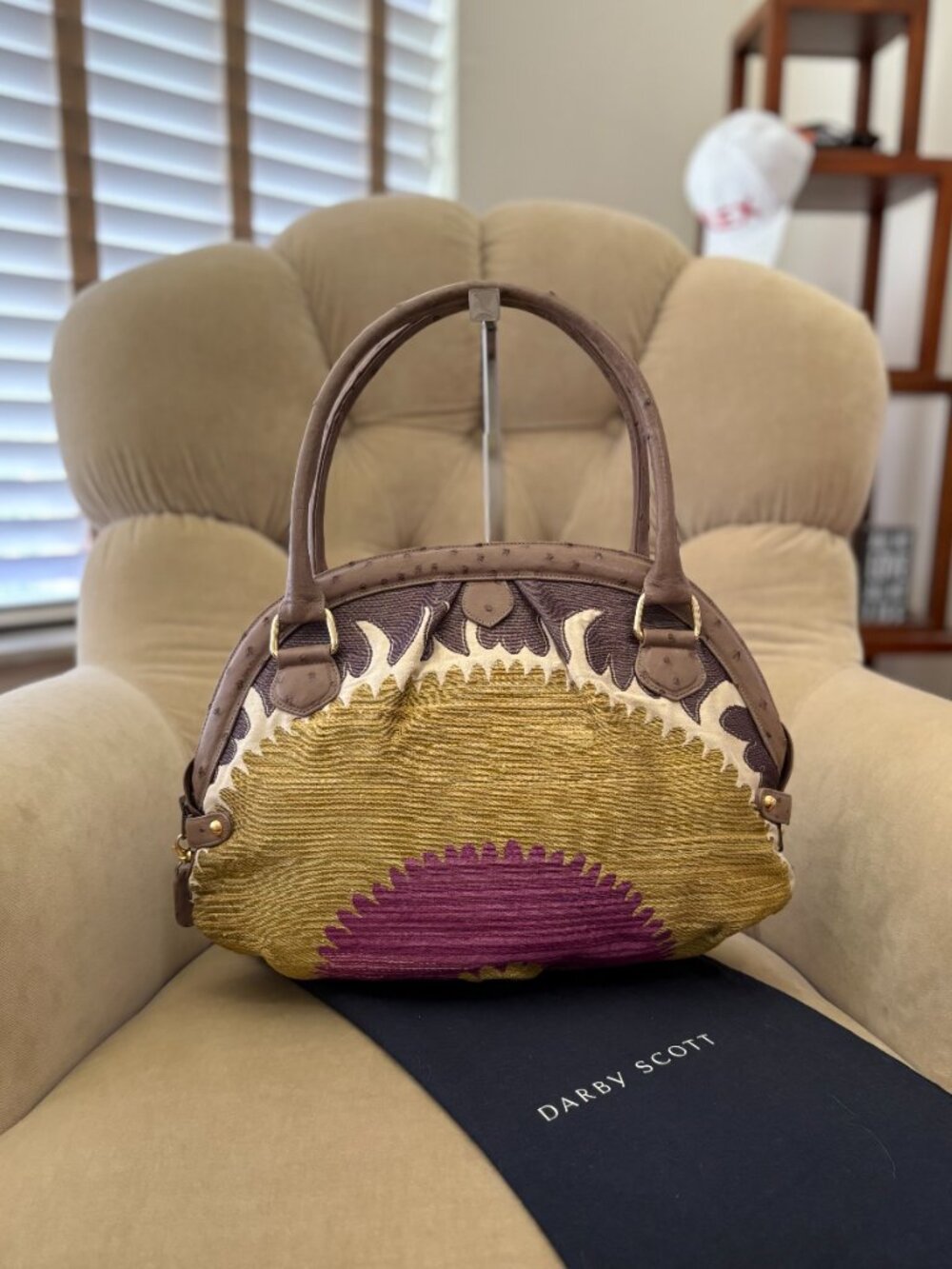 VTG Auth DARBY SCOTT Genuine Ostrich & Silk Top Handle Satchel Bag  GORGEOUS!